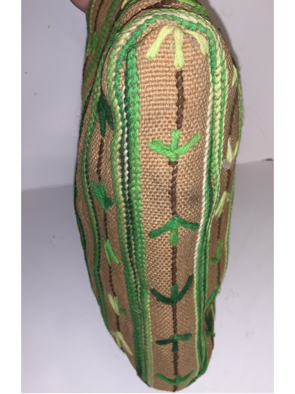 Vtg Boho Burlap Tote Elbow Bag Purse Yarn Hand-Embroidered 1960 70's Green Retro - Picture 12 of 14